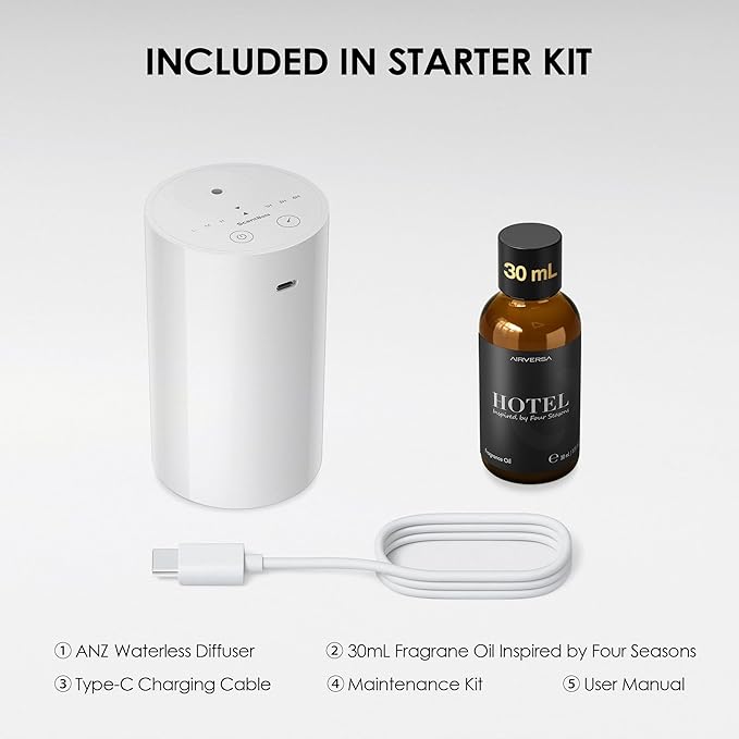 ANZ Waterless Essential Oil Diffuser Starter Kit, Black | 30 mL Four Sns Hotel Scent Fragrance Oil, Battery Operated, Up to 600 sq ft, Portable for Home Car Office, ANZKit-30-F