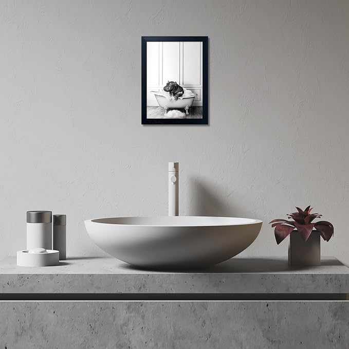 Framed Bathroom Decor Wall Art Black and White Canvas Print Cute Hippo in Bathtub Wall Art Bathrom Painting for Wall