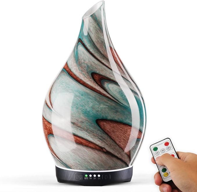 Porseme 280ml Essential Oil Diffuser Glass Color Changing Aroma Air Diffusers Aromatherapy Ultrasonic Cool Mist Humidifier with Remote Control 7 Running Hours Waterless Auto-Off (Teal Green)