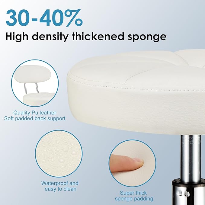 PU Leather Rolling Stool with Back Support Height Adjustable Swivel Stool Chair with Wheels Drafting Chair for Spa Slaon Massage Stable Base Foot White
