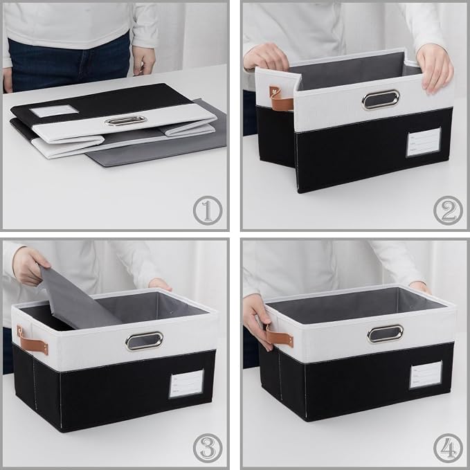 Foldable Storage Bins with Lids [3-Pack] Fabric Collapsible Storage Boxes Baskets Cubes Containers with Handles for Closet Living Room Bedroom (Black & White 14.9x9.8x9.8'')