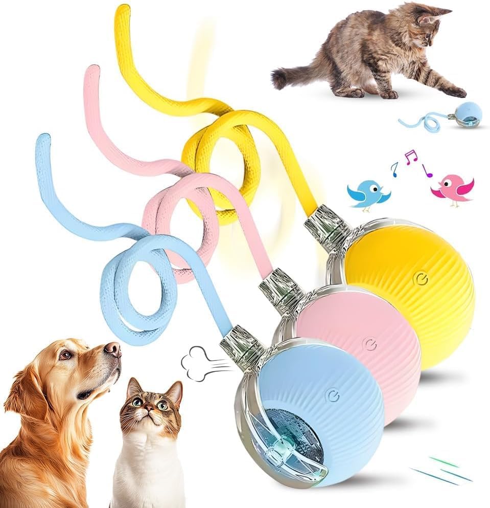 Interactive Cat Toy Ball, 2026 New Rechargeable Motion Activated Self Solo Play Electronic Stimulation Chase Teaser Ball Toy with Rope for Indoor Bored Adult Cat and Dog (ABC, 3pcs)