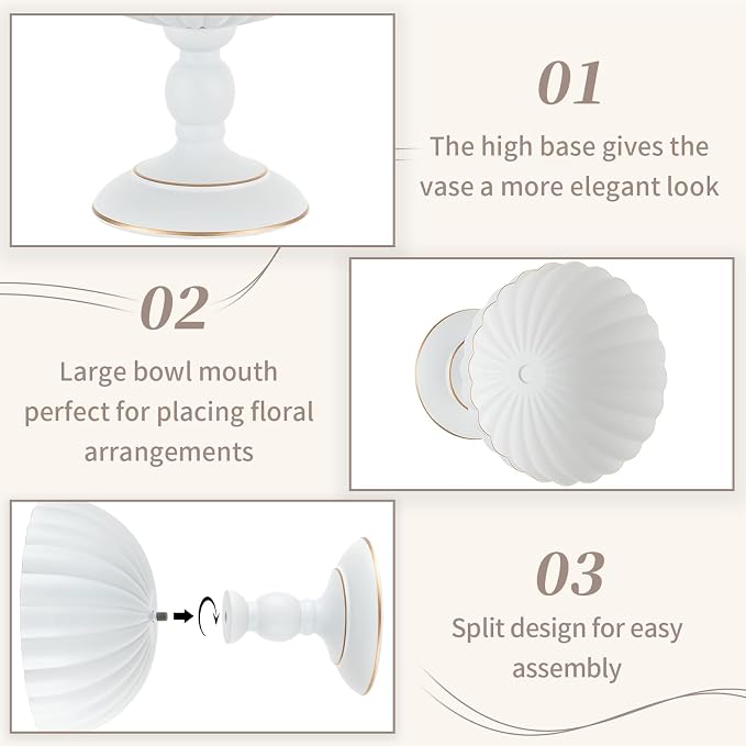 Sziqiqi White Urn Vase for Centrepieces, Wedding Compote Vase, 2Pcs | 7.9in Tall Metal Flower Arrangements, Vase for Centrepieces Floral Planter, Decorative Footed Bowl, For Party, Event