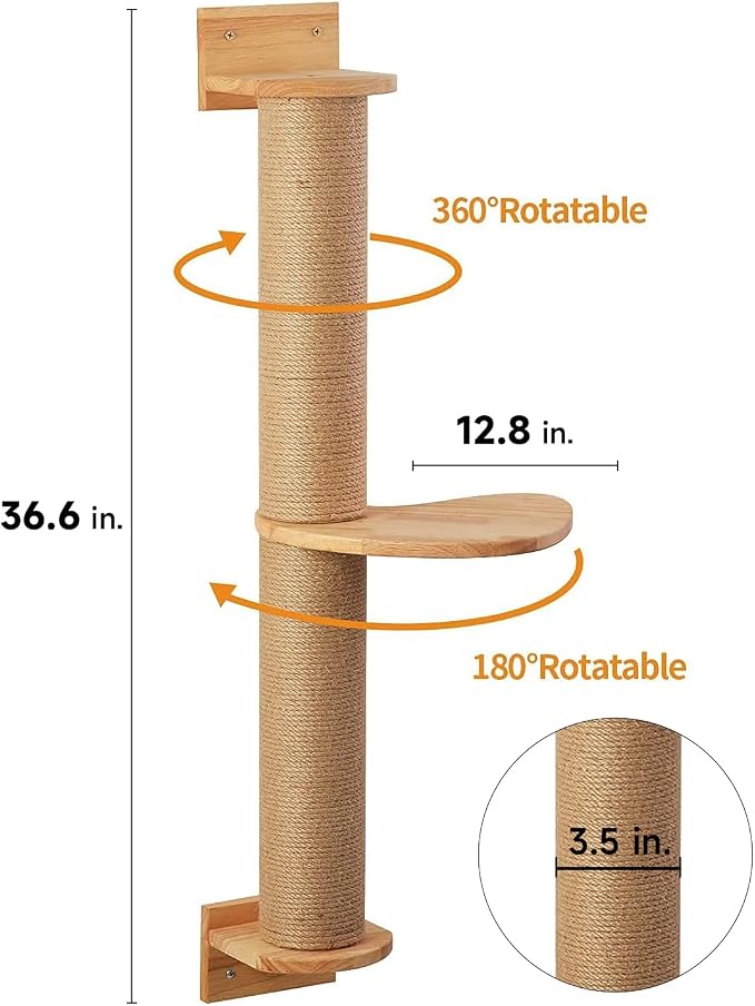 FUKUMARU Cat Activity Tree with Scratching Posts, Wall Mounted Jute Scratcher Pine Hammock | Solid Rubber Wood, Natural Jute Scratcher, Kitten Wall Furniture