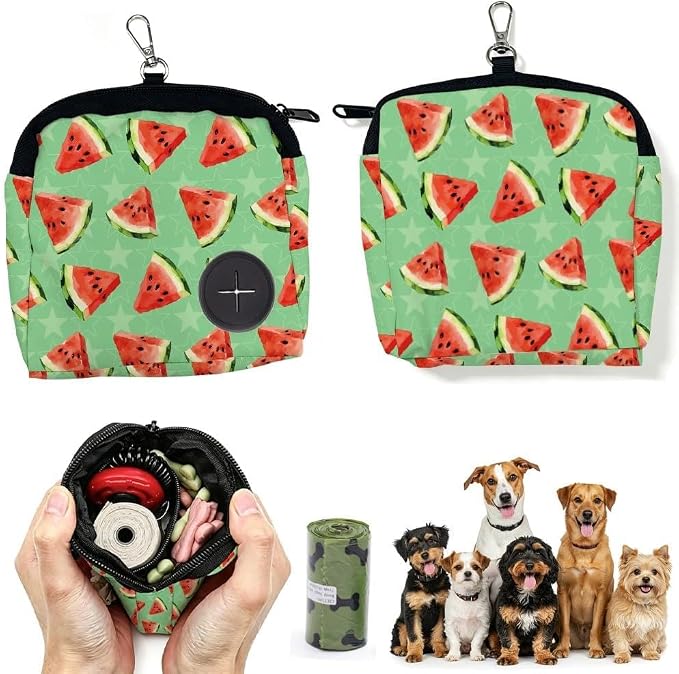 Pet Treat Pouch 5.12 x 4.72 Inch Treat Pouch for Dog Training Watermelons Pattern Polyester Portable Snack Reward Dog Food Dispensers with 1 Roll Garbage Bags for Traveling Outdoor Use