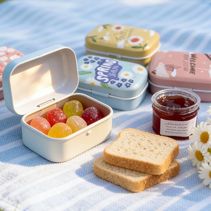 8Pcs Metal Hinged Tin Box Container Floral Farmhouse Rustic Mini Portable Small Storage Container Kit with Lid for Home Storage 2.1x1.5x1 Inch (Pink)