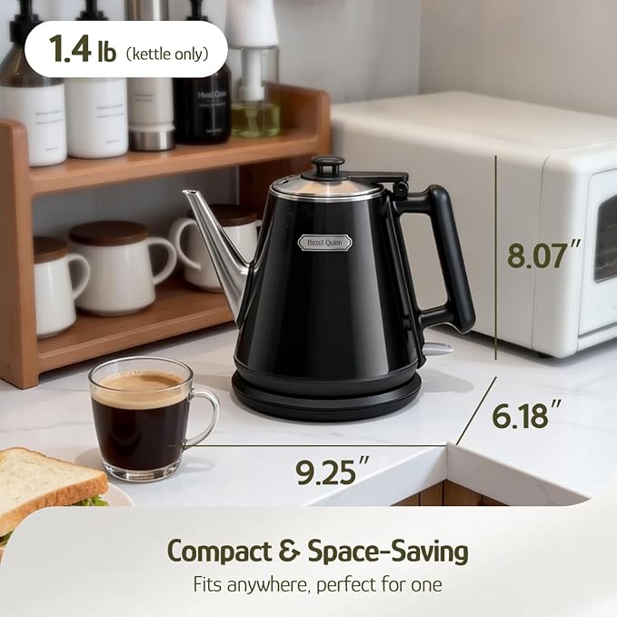Hazel Quinn Electric Kettle - 1L/34oz Small Tea Kettle, 800W Fast Boil, All 304 Stainless Steel Interior, Double Wall for Cool Touch and Thermal, Auto Shut-Off, BPA-Free, Cordless - Jet Black