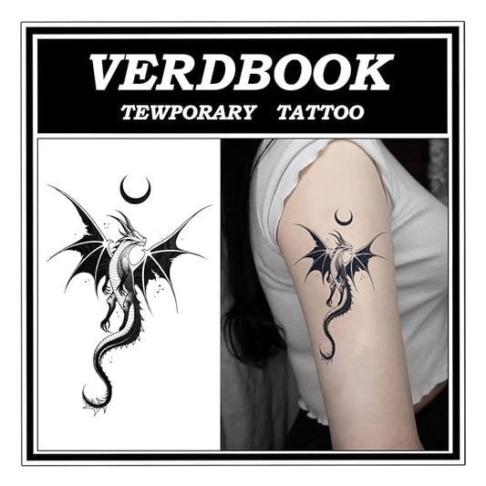 Waterproof Temporary Tattoos: 2-Sheet Tattoo Kit with Realistic Body Stickers, Semi-Permanent Tattoos for Adults Lasting 7-15 Days – Safe for Men & Women, Winged Dragon & Moon Pattern