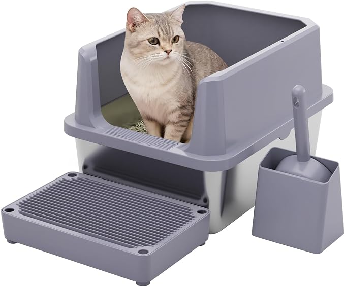 RIZZARI Cat Litter Box Non-Porous: Open High Sides for Indoor Cats | Open-Top Airflow / High Anti-Spill Edges / Wavy Mat Anti-Tracking / Spacious for All Breeds / Easy Visibility for Quick Clean