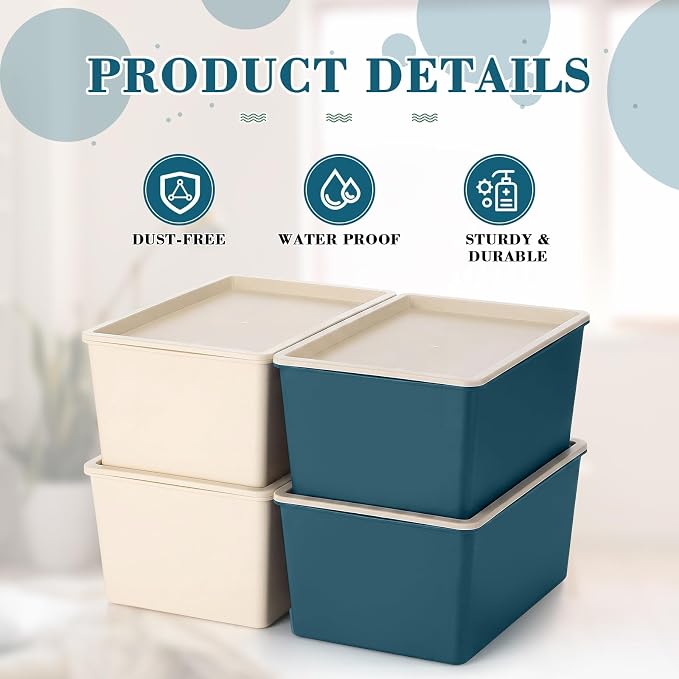 4 Pcs Storage Bins with Lids Plastic Stackable Containers for Classroom Room Organizing Shelves Christmas Ornament Box Baskets(Beige, Blue,Small)