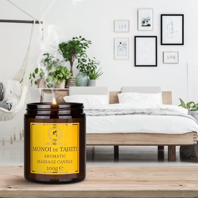 Scented Massage Candle Monoi de Tahiti - Soy Wax Candle 3.5Oz - Relaxing Massage Candle - Blend of Coconut & Almond & Monoi de Tahiti Oils - Vanilla Oleoresin - Skin Care - Beauty - Aromatherapy