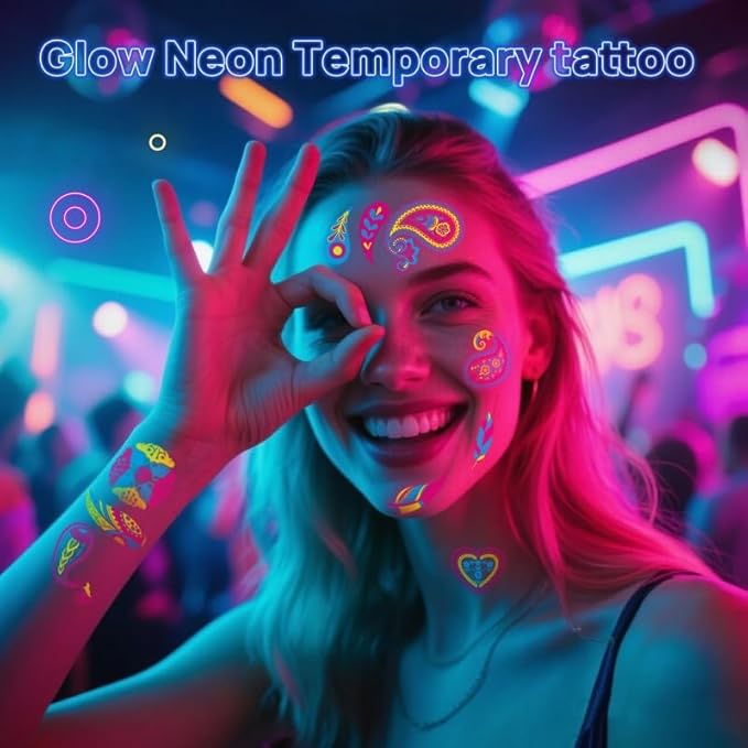 160 PCS Glow in The Dark Temporary Tattoos - Neon UV Blacklight Reactive Light Face Flash Tattoo Stickers,Festival Accessory Party Favors Supplies,Temp Great for EDM EDC Party Rave Parties 20 Sheet