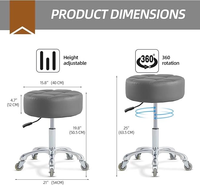 Rolling Stool with Wheels Adjustable Height, Roller Stool for Massage Medical Tattoo Spa Heavy Duty Swivel Desk (Super Thick Cushion, Grey)