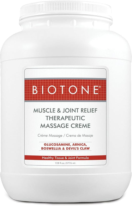 BIOTONE Muscle and Joint Relief Therapeutic Massage Cream1gal, with Natural Botanicals of, Glucosamine, Arnica, Boswellia and Devil's Claw to Alleviate Discomfort and Aching Muscles.