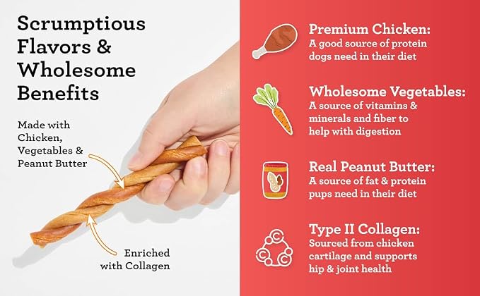 DreamBone CollaYUMS Twists Plus Collagen Chews for Dogs, 10 Count, Treat Your Dog to Rawhide-Free Chews Made with Chicken, Vegetables and Peanut Butter (Pack of 2)