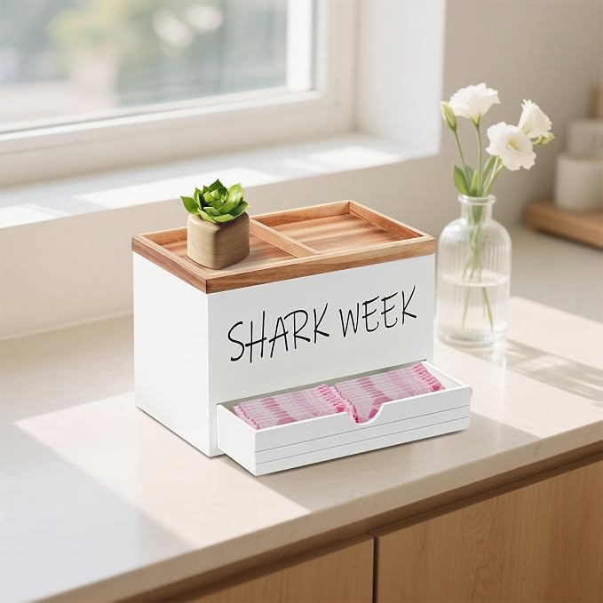 Tampon Holder for Bathroom, Feminine Product Organizer with Lid and Drawer, Wood Shark Week Tampon Storage, Lady Stuff Box for Bathroom Accessories and Toilet Organizer