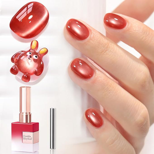 Double Rhythm 15ML Jelly Glass Cat Eye Gel Polish with Magnet Holographic Glitter Shimmer Translucent Sheer Color Salon Soak Off Magnetic Nail at Home (Copper Cherry-MC1228)