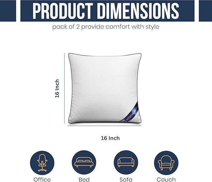Utopia Bedding 16x16 Throw Pillow Inserts, Decorative Pillows, Pack of 2 | Piping Throw Pillows, Plush & Supportive, Aesthetic Cushion Sham Stuffer for Sofa, Office, Couch & Bed, Set of 2, White