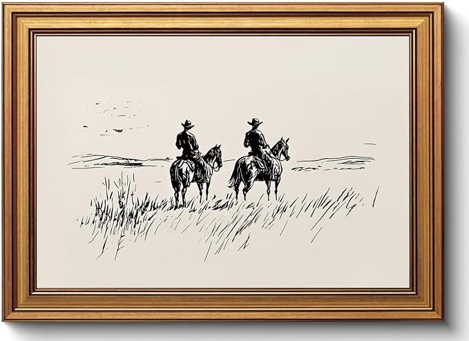 Western Cowboy Gold Framed Wall Art Minimalist Sketch Wall Decor Art | Vintage Horse Landscape Pictures Canvas Art Modern Southwest Small Framed Prints Artwork For Bookshelf Bedside Tables Foyer