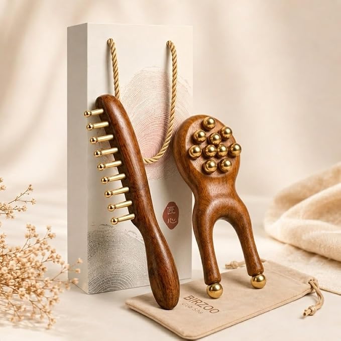 Scarab Acupressure Tool & Wooden Gua Sha Comb Set, Sandalwood Facial Massage Tools with Brass Beads for Face, Jawline, Scalp & Eye Care, Relaxation & Self Care Gift Set