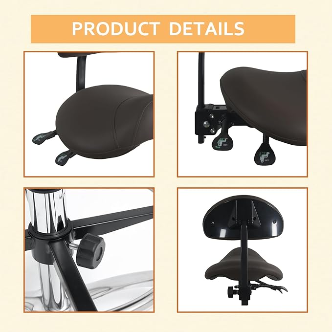 Saddle Stool Chair with Back Support Footrest, Heavy-Duty(350LBS), Hydraulic Rolling Swivel Adjustable Stool Chair for Salon Spa Beauty Massage Dental Clinic Home Office Use(Coffee)