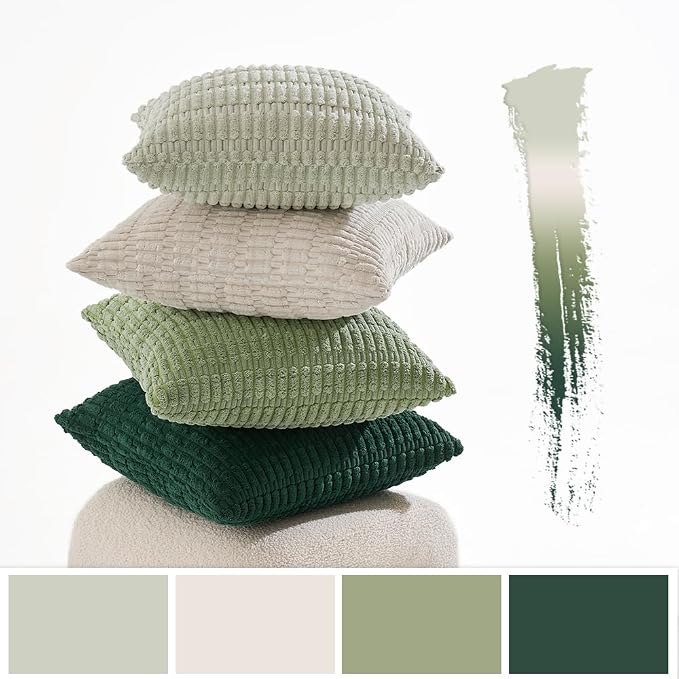 MIULEE Pack of 4 Summer Neutral Corduroy Decorative Throw Pillow Covers 20x20 Inch Farmhouse Boho Rustic Soft Striped Pillow Covers Home Decor for Sofa Living Room Couch Bed Green | Neutral Rustic Farmhouse Boho Soft Striped Pillow Covers,Home Decor fo...
