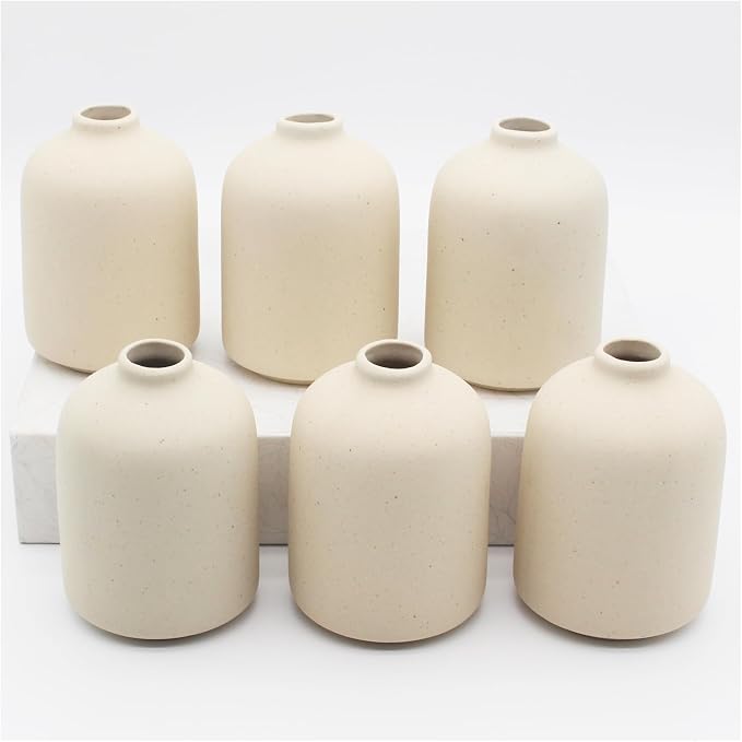 YANLING 6 Pack Small Boho Vase for Flowers Home Decor, Ceramic Vases | for Pampas Grass Simple Shelf Vase, Bud Vases for Wedding Dinner Table Party