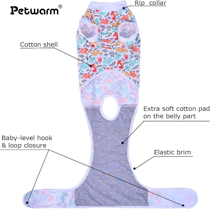 PetWarm Post Neuter Surgery Suit for Dogs, E Collar Alternative for Dogs After Surgery, Anti-Licking Dog Surgery Recovery Suit Dog Bodysuit, Dinosaur Pattern, White, 2XL
