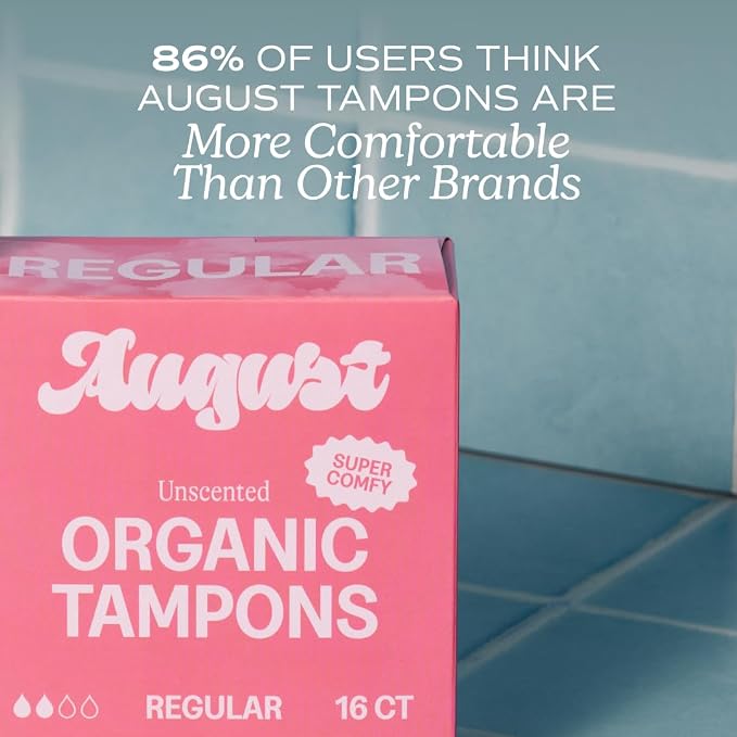 August Organic Cotton Tampons, 96 Regular Tampons Made with Organic Cotton, Long Applicators, Non-Toxic, Fragrance & Chlorine-Free, Hypoallergenic (6 Boxes of 16/12 Boxes of 8)