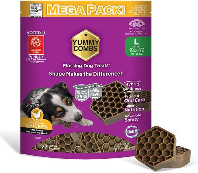 Yummy Combs Dog Dental Treats – Vet VOHC Approved – Delicious Chicken Protein – Removes Tartar with Cleaning Comb Shape – Dental Dog Treats for Large Dogs (36oz, 27 Count)