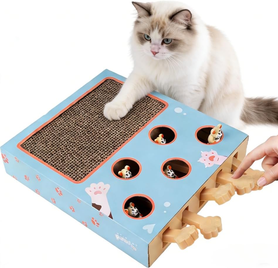 PAWISE Interactive Cat Scratcher Toy - 3-in-1 Cardboard Cat Scratching Board & Interactive Puzzle Toy Box for Indoor Cats, Nail File Scratch Pad with Pop-up Mice, Cat Enrichment Toy for Kitten