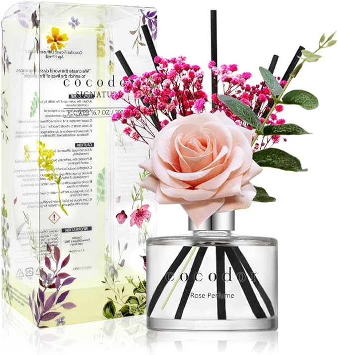 COCODOR Rose Reed Diffuser Set / 6.7oz / Rose Perfume/Scent Diffuser with Sticks Home Fragrance Reed Diffuser for Bathroom Shelf Decor for Women