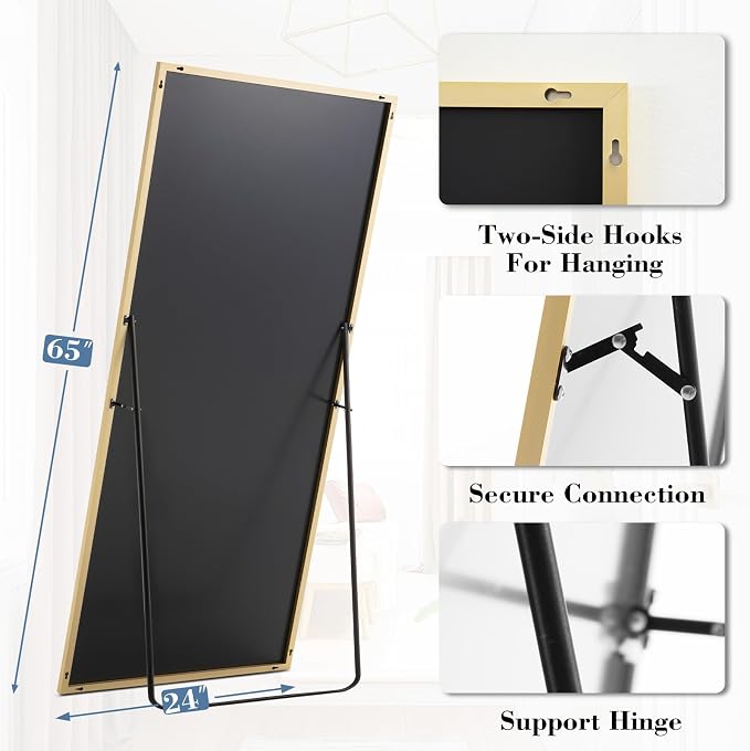 DUMOS 24"x65" Full Length Mirror with Stand, Full Body Floor Mirror | Free Standing or Wall Mount, Nano Glass Aluminum Frame, Hanging or Leaning, Modern Simple Home Decor, Gold