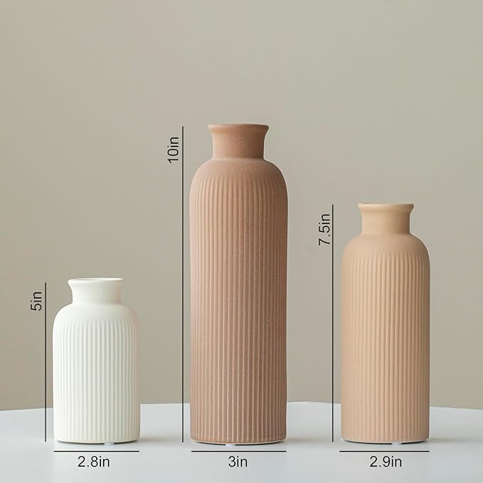 Modern Ceramic Vase Set, Earth Tone Natural Color Ribbed Matte Design, 3-Piece Decorative Vases for Home, Living Room, Office (Coffee Mix)