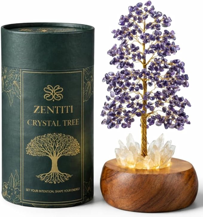 Amethyst Crystal Tree of Life with LED Light – Handcrafted Gemstone Bonsai on Quartz Base & Acacia Wood Stand – Spiritual Home & Office Décor, Feng Shui, Thoughtful Gift for Women