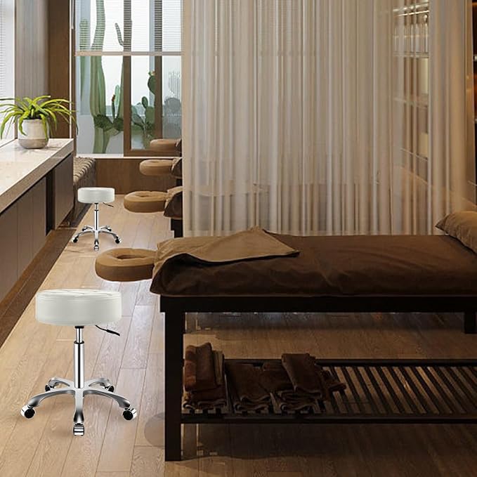 Rolling Stool with Wheels, Thick Cushion Heavy Duty Esthetician Hydraulic Chair Stool for Work Medical Tattoo Salon Office (White)