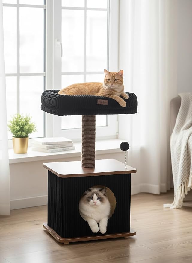 Small Cat Tree for Indoor Kittens, 30" Compact Modern Cat Tower | Natural Bamboo Cozy Condo, Soft Padded Perch, Sisal Scratching Post, Dangling Ball Toy, Stable Base, for Cats up to 15 lbs