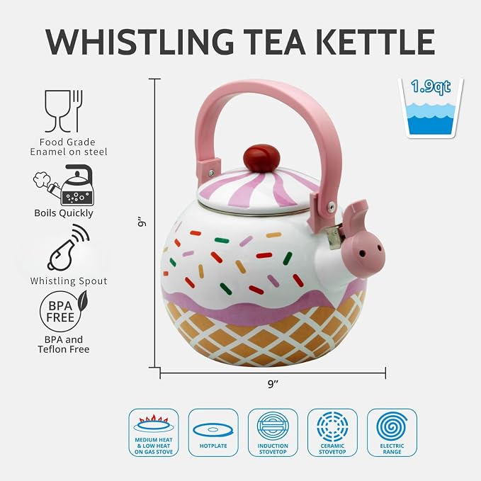 Whistling Tea Kettle Enamel on Steel Teakettle, Supreme Housewares Strawberry Cupcake Design Teapot Water Kettle Cute Kitchen Accessories Teteras, 1.7 Quart