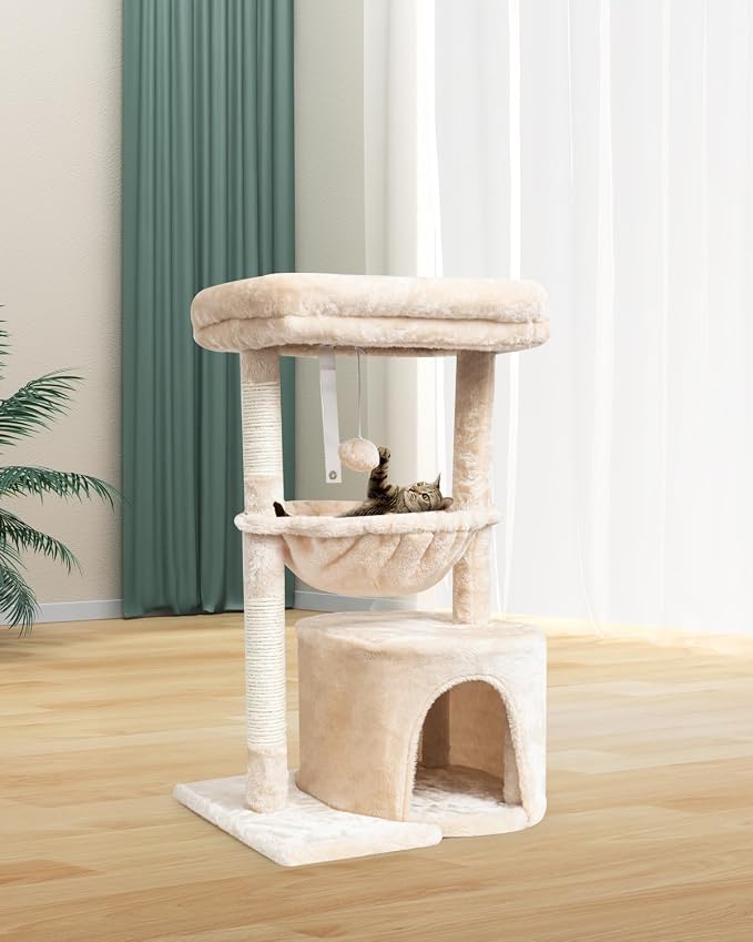 SYANDLVY Small Cat Tree for Indoor Cats, Kittens Condo with Scratching Post | Modern Activity Tower with Cradle & Hanging Ball for Play Rest, Beige