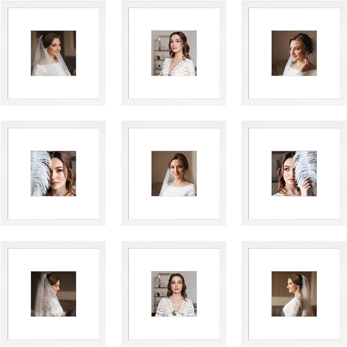 8x8 Picture Frame Set of 9, Display Pictures 4x4 with Mat or 8x8 without Mat, Multi Collage Gallery Square Photo Frames for Wall or Tabletop, White
