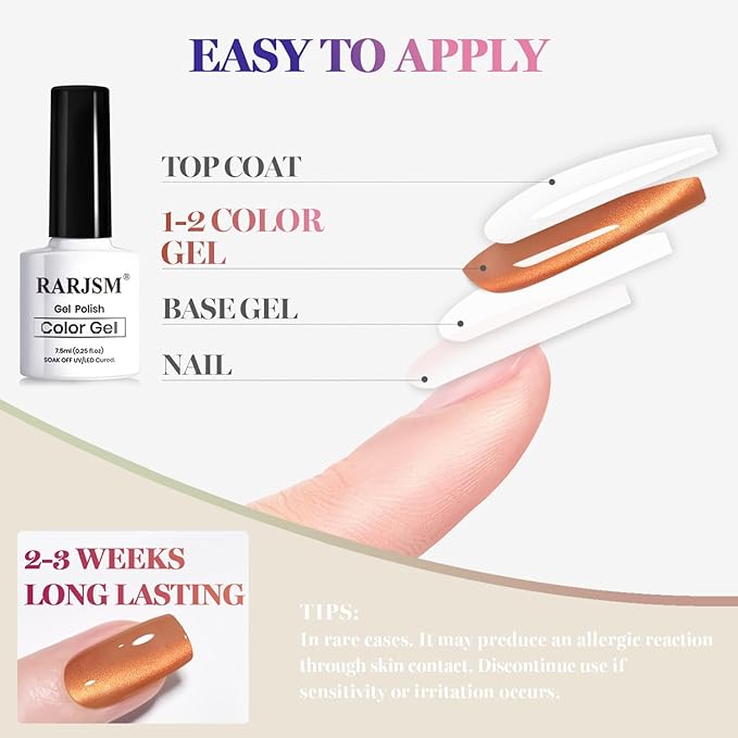RARJSM Golden Glassy Glitter Cat Eye Gel Nail Polish Set 6Pcs Champagne Rose Pink Olive Green Amber Orange Ruby Red Royal Blue Smoothie Cateye Gel Polish with Magnetic Stick Curing Require Home Salon