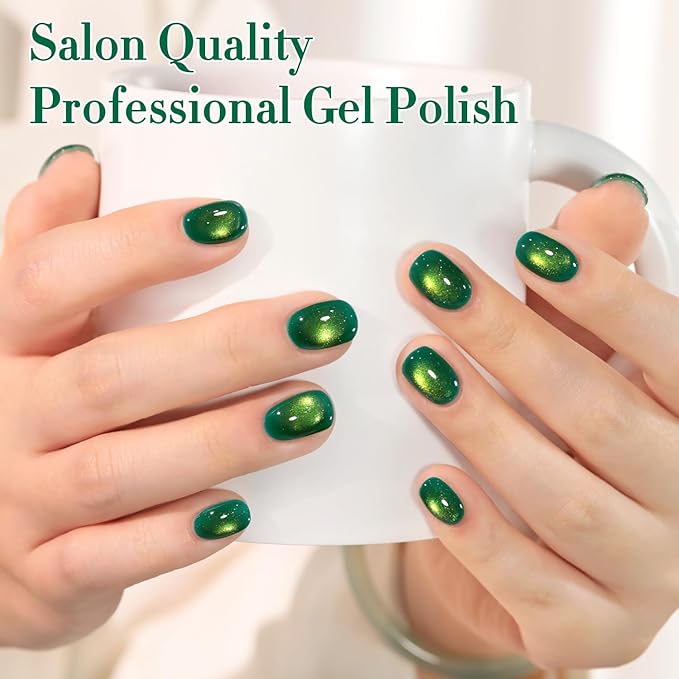 Double Rhythm 15ML Jelly Glass Cat Eye Gel Polish with Magnet Holographic Glitter Shimmer Translucent Sheer Color Salon Soak Off Magnetic Nail at Home (Dark Green-MC1185)