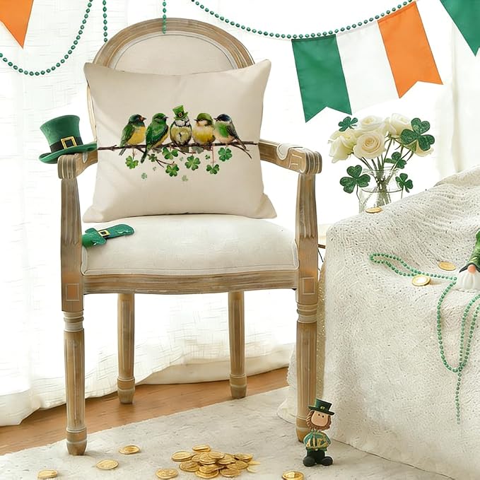RABUSOFA St.Patricks Day Pillow Covers 18x18 Inch,Birds Shamrock Decorations Holiday Spring Decorative Pillow Case Decor for Sofa Couch Green