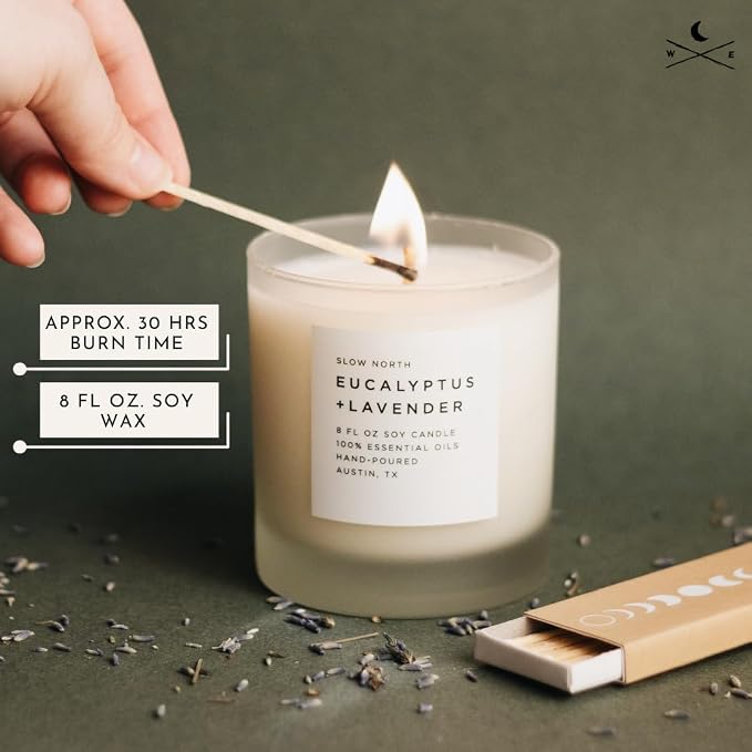 Slow North Eucalyptus + Lavender Candle - Essential Oils and Pure Soy Wax Candle in a Reusable Frosted Glass Jar - A Unique Scented Candle Hand-Poured in the USA (8 oz)