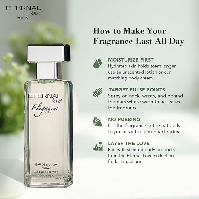 Eternal Love Elegance for Men - Long Lasting Eau de Parfum Spray - Clean Masculine Floral Aquatic Fragrance with Jasmine & Musk - Summer Scent - 3.4oz