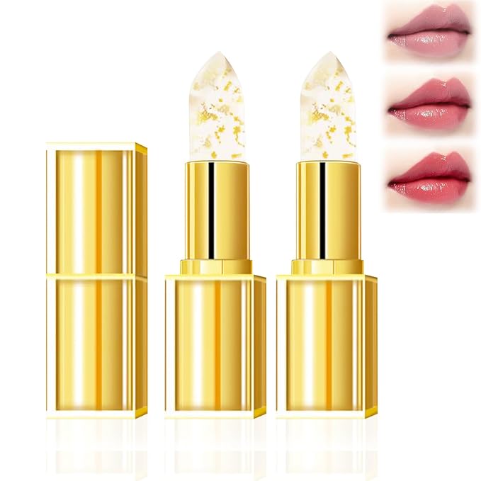 Transferproof Color Changing Lipstick, Gold Foil Moisturizing Glossy Shine Lip Gloss, Gold Crystal Color Changing Lipstick, Warm Change Color Change Lip Stick for Women Deep Nourishment (2Pcs)