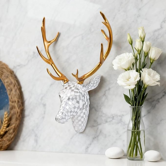 GIGICICI Mosaic Deer Head Wall Decor 15.7x8.7 Inch, Artistic Faux Resin Animal Head Wall Sculpture Hanging for Living Room Bedroom Kitchen Office, White-Silver Gift