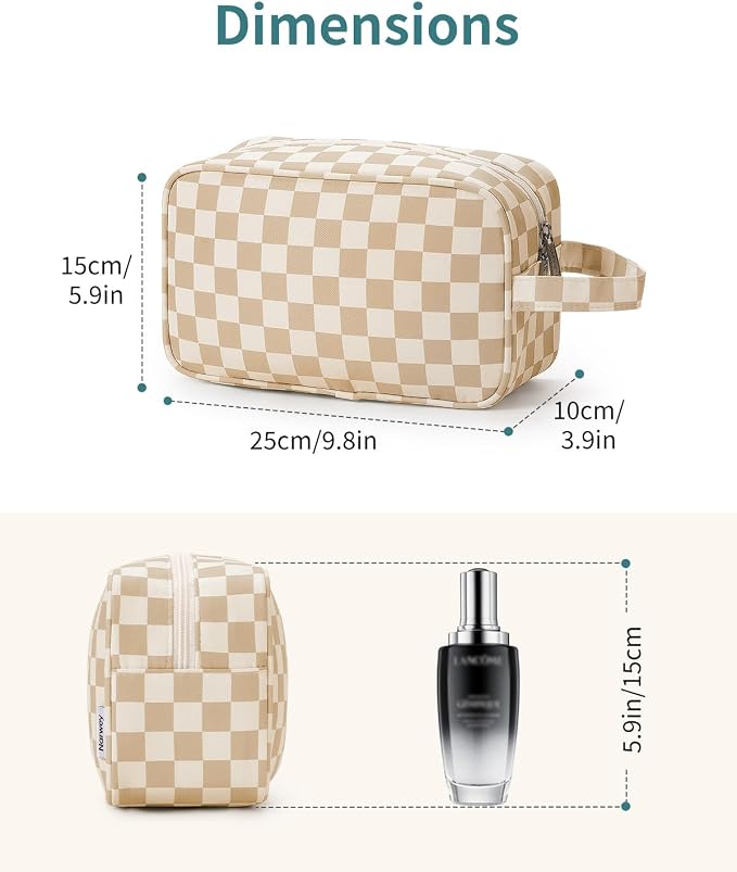 Narwey Checkered Travel Toiletry Bag for Women Traveling Dopp Kit Travel Bag for Toiletries Cosmetic Bag Makeup Bag Medicine Bag for Traveling (Light Brown Checkerboard)