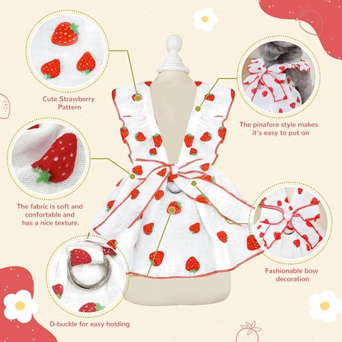 Dog Dresses for Small Dogs Girl Female Clothes Cat Clothes Cat Dress Cute Cotton Extra Summer Bow Decor Printed Strawberry Dog Birthday Outfit Small Puppy Clothes