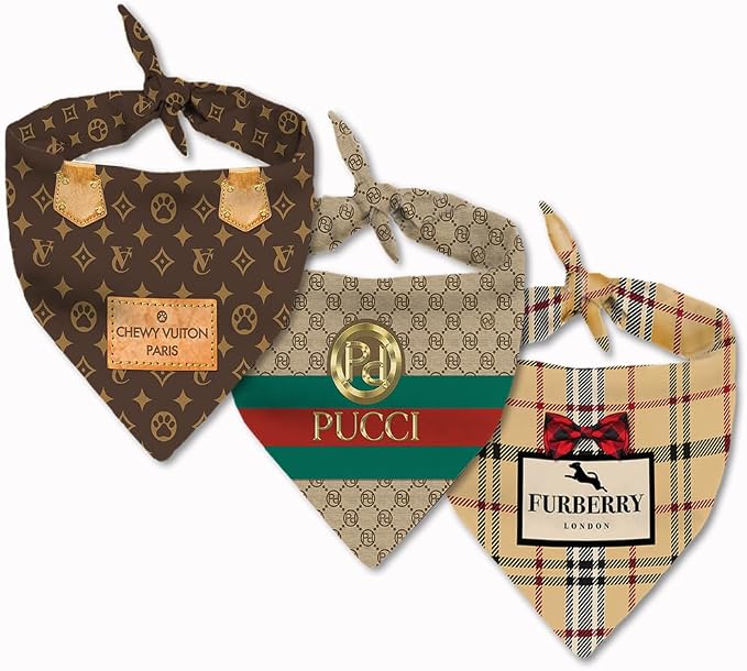 3 Bandana Value Pack, Dog Bandana Designer Fashion Clothes Scarf kercheif for Small Dogs. Funny Parody Gift for Girl or boy Dog Soft Durable Fabric, Chewy Vuiton, Pucci, and Furry Plaid - (3 Pack)